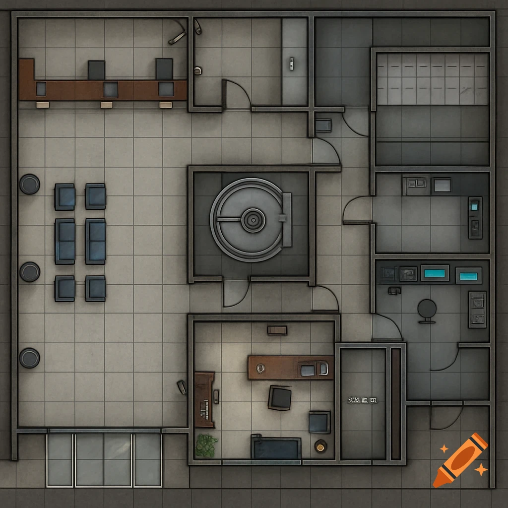 Top-down battle map of a modern bank interior with a lobby, teller counters, vault, offices, and a security room, rendered in a clean, neutral style.