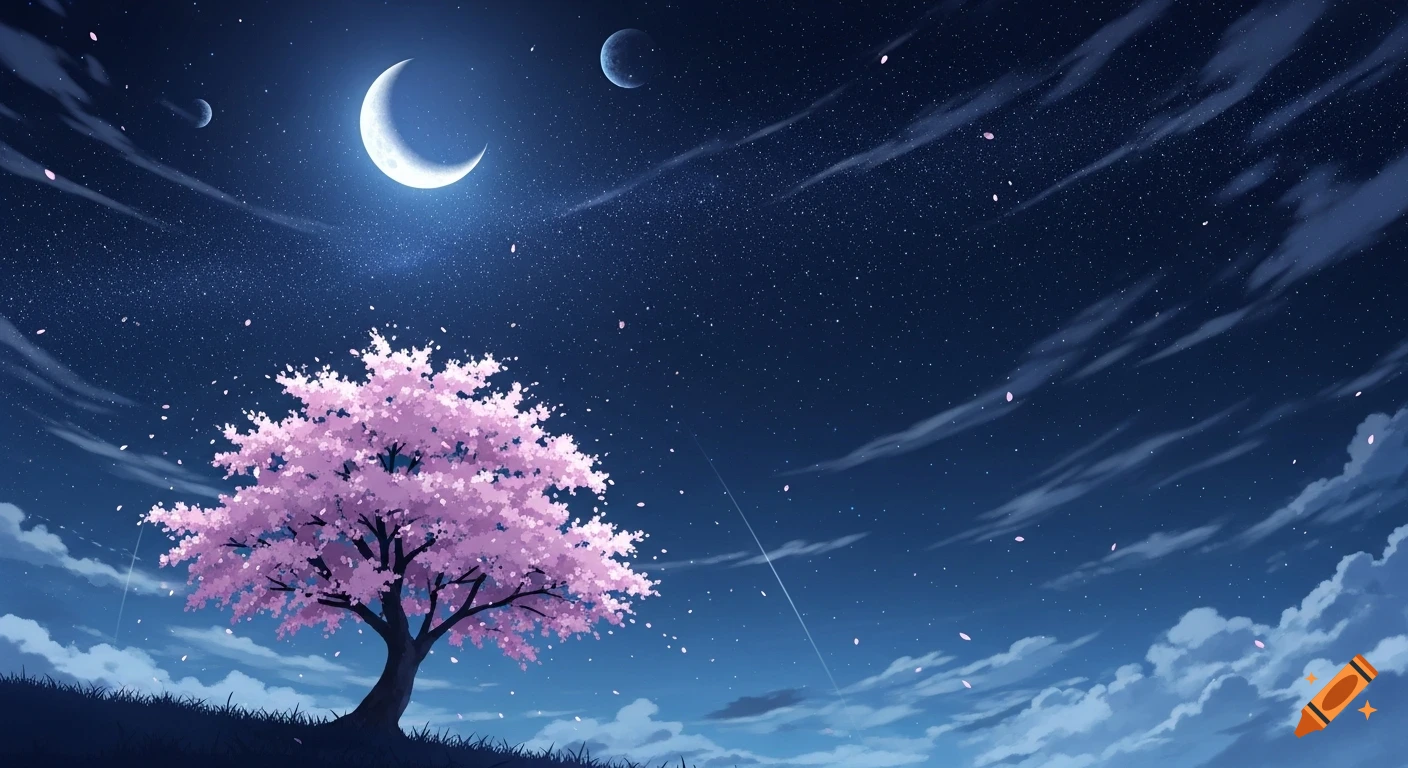 Anime-style landscape with a pink cherry blossom tree on a hill under a starry night sky with a bright crescent moon and other planets.