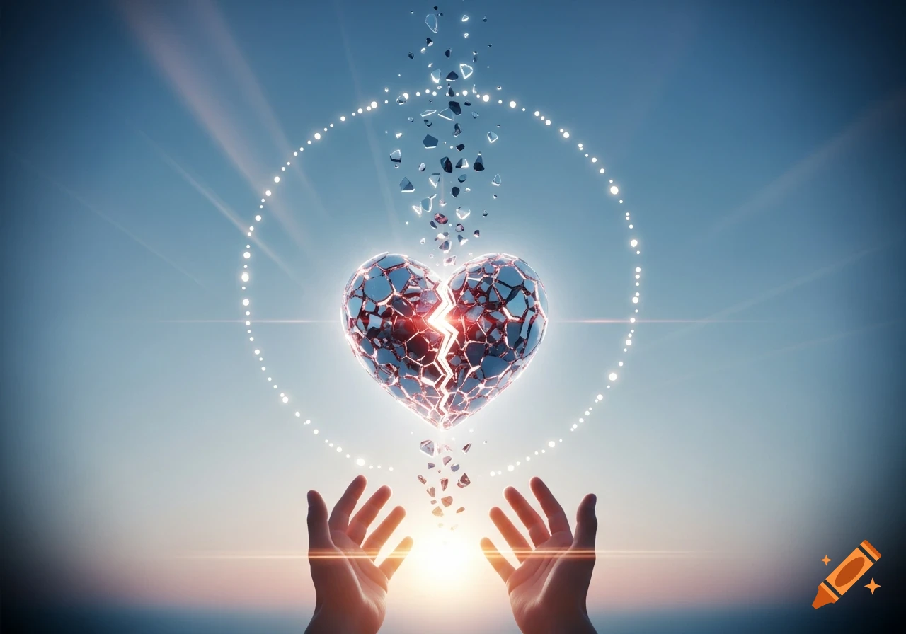 Hands reach towards a glowing, shattered heart with light particles forming a circle against a bright, gradient sky.