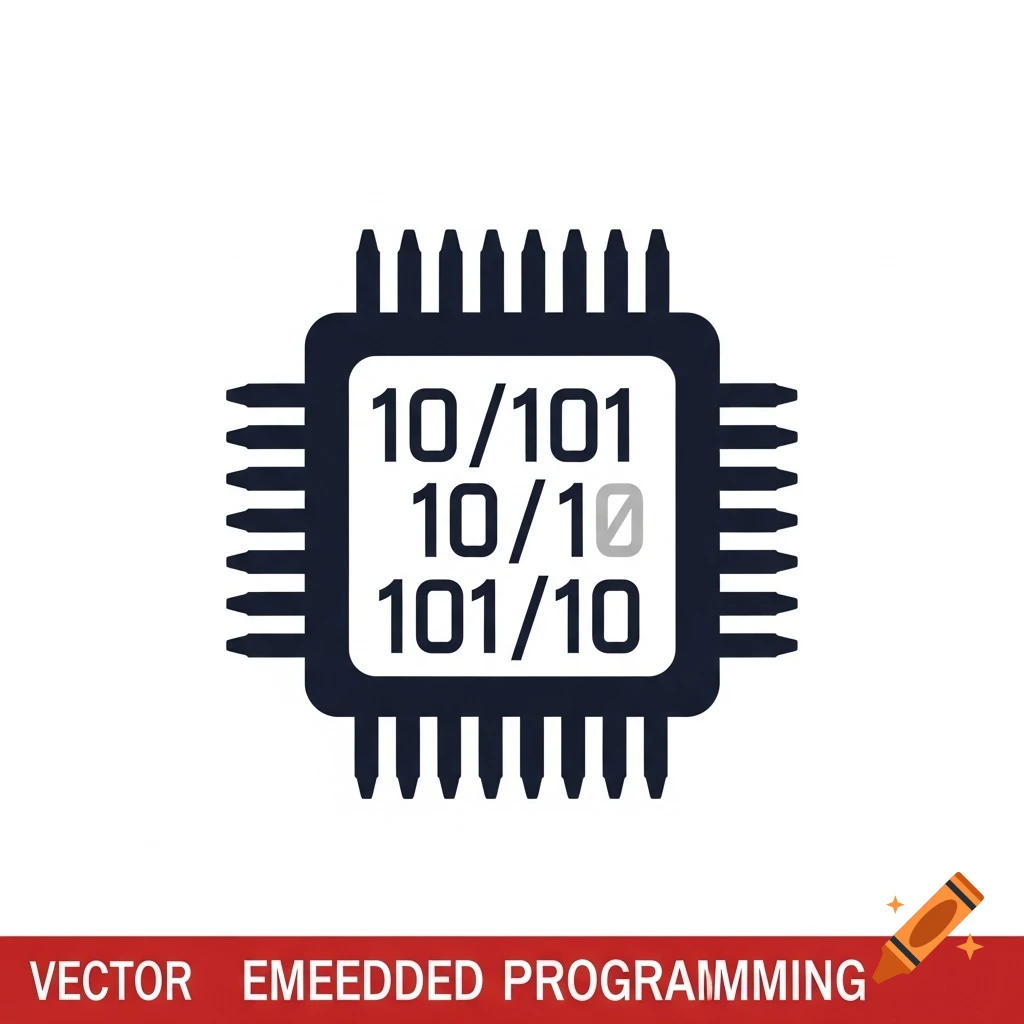 Vector icon of a dark microchip with numbers 10/101, 10/10, and 101/10, labeled 'VECTOR EMEEDDED PROGRAMMING'.
