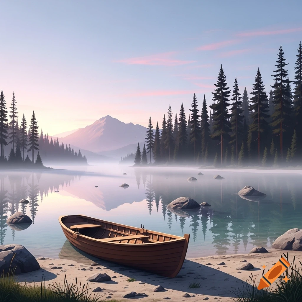 A serene landscape with a wooden rowboat on a sandy shore next to a calm lake, surrounded by pine trees and mountains at dawn.
