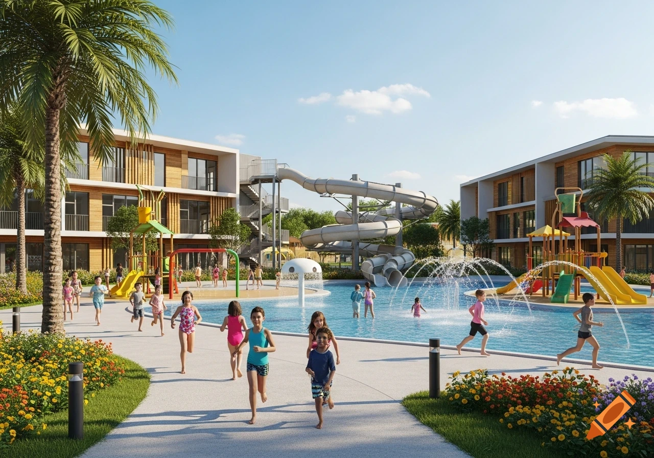 Children run and play in a sunny water park with slides, fountains, and playgrounds.