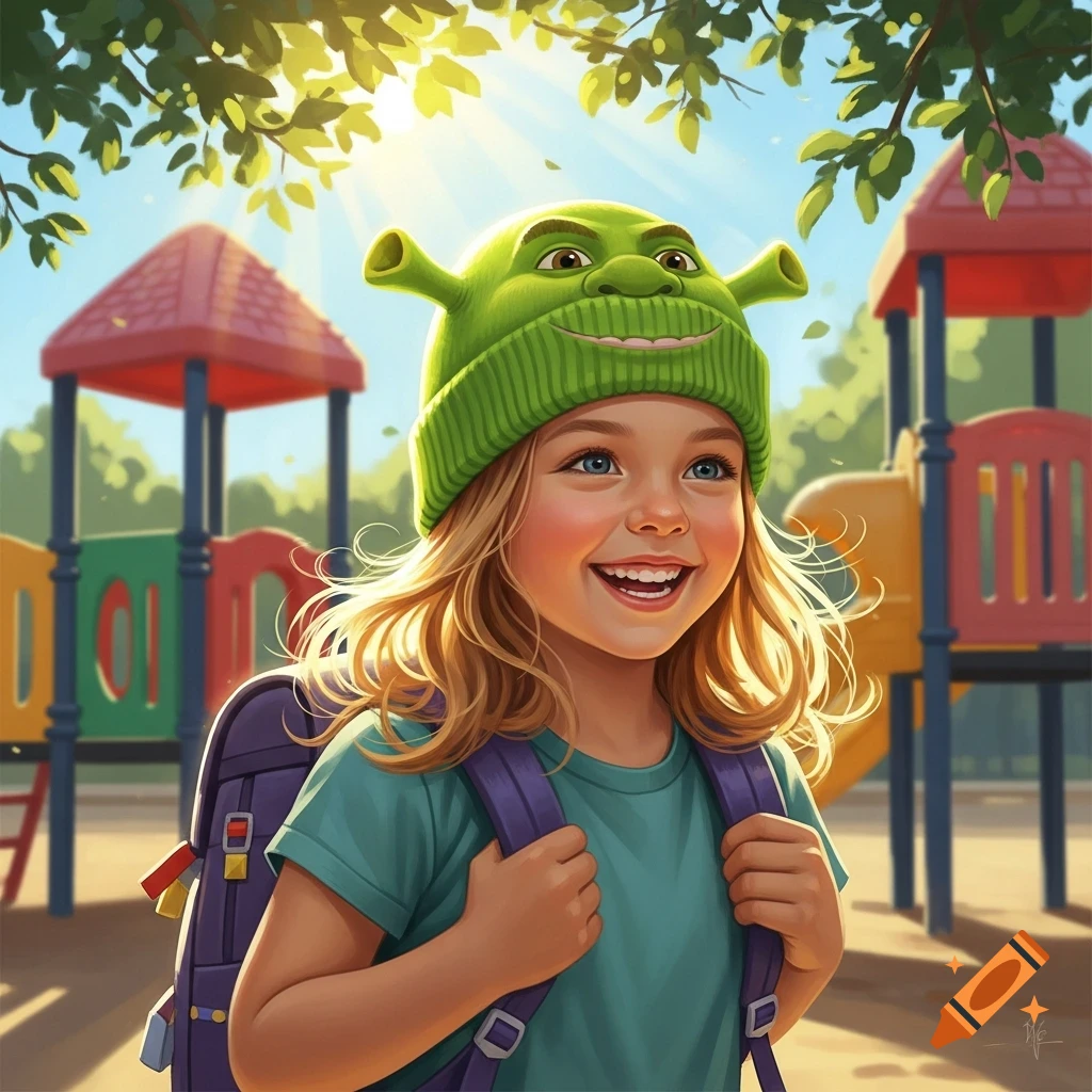 A smiling blonde child wearing a green Shrek beanie and a backpack stands on a sunny playground.