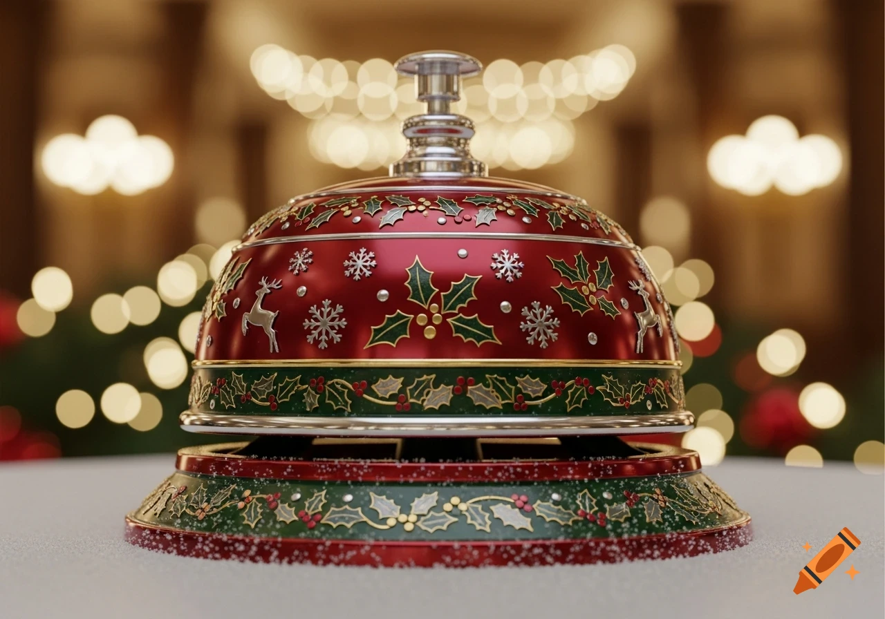A close-up of a festive red and green hotel bell, adorned with silver reindeer, holly, and snowflakes, on a snowy surface with blurred lights in the background.