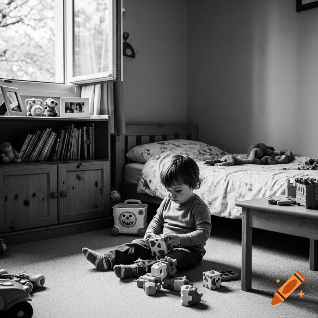 A young boy sits on the floor of a bedroom, playing with building blocks. The room features a bed, bookshelf, and window, all in black and white.