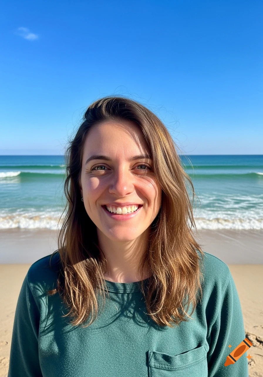 Photorealistic portrait of a smiling woman with brown hair and green-blue eyes on a sunny beach with ocean waves.