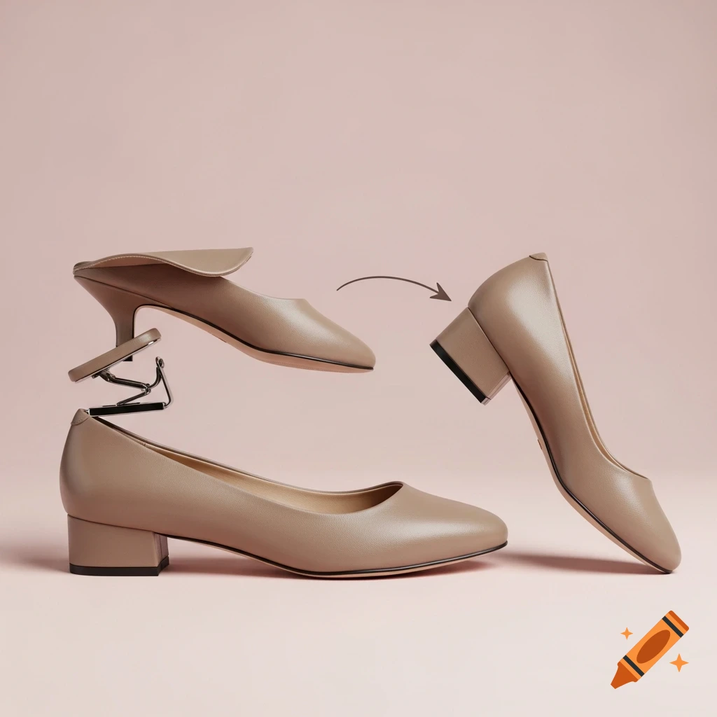 Photorealistic product ad showing a beige shoe with a kitten heel attachment and a block heel option on a soft pink background.