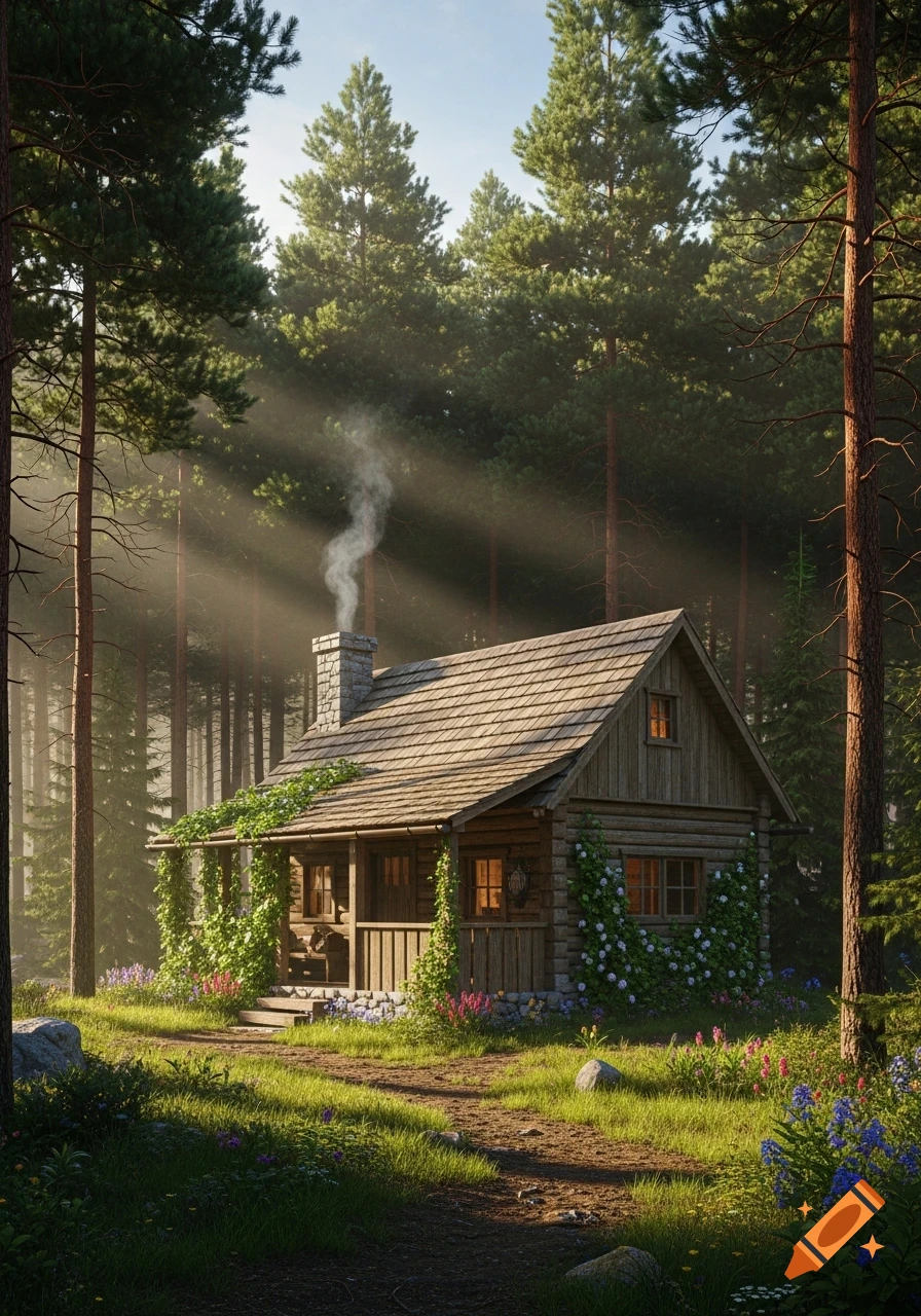A rustic wooden cabin with smoke rising from its chimney, surrounded by tall pine trees and wildflowers, bathed in sun rays in a misty forest.