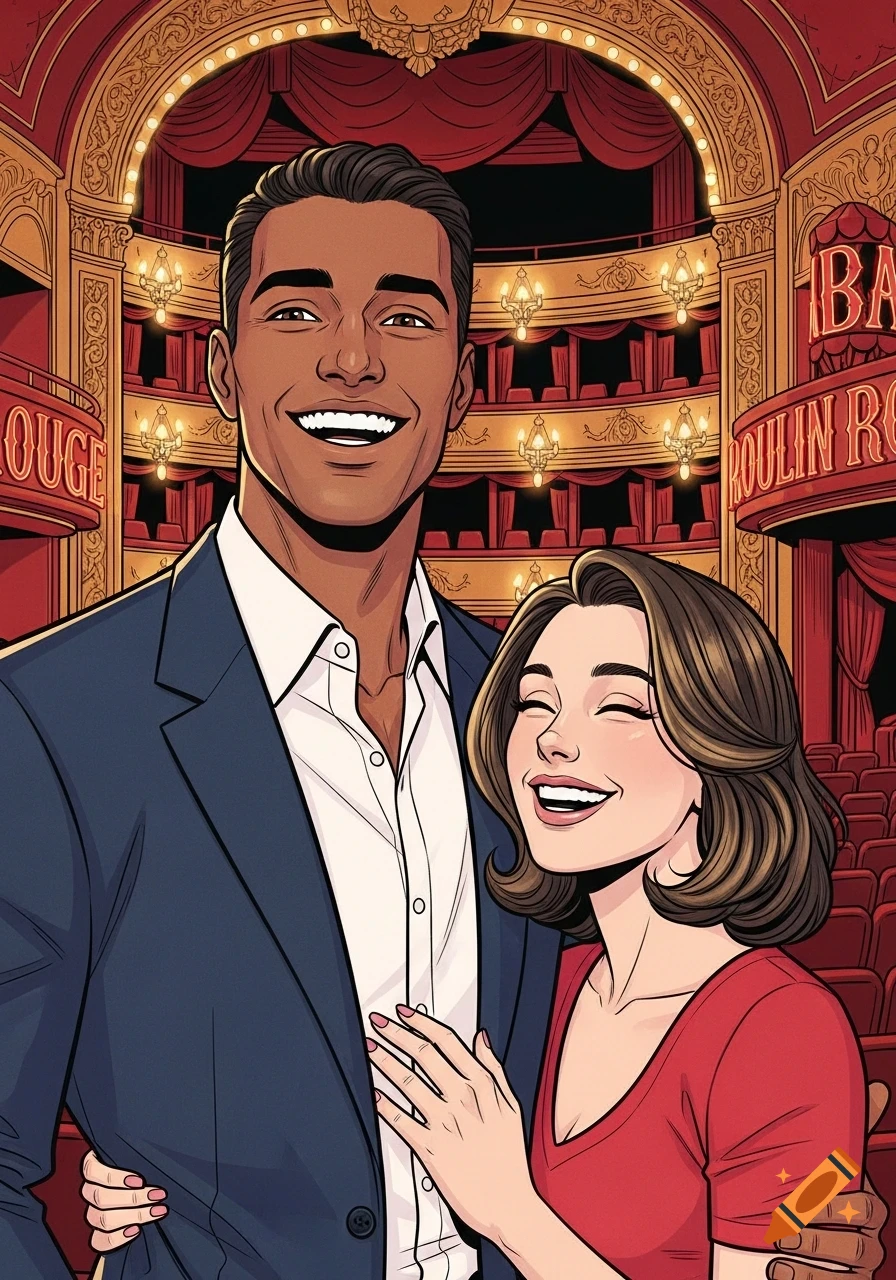 Comic illustration of a smiling man and woman embracing in a red velvet theater, with ornate gold details and 'ROUGE' visible on signs.