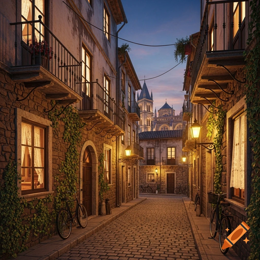 A cobblestone street winds through an old European town at dusk, with ivy-covered stone buildings, glowing lanterns, and a distant cathedral.