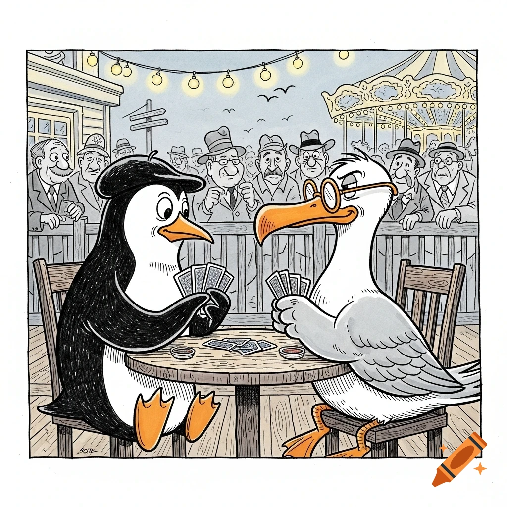 Cartoon drawing of a penguin and a seagull playing cards at a table, watched by a crowd on a boardwalk with a carousel.
