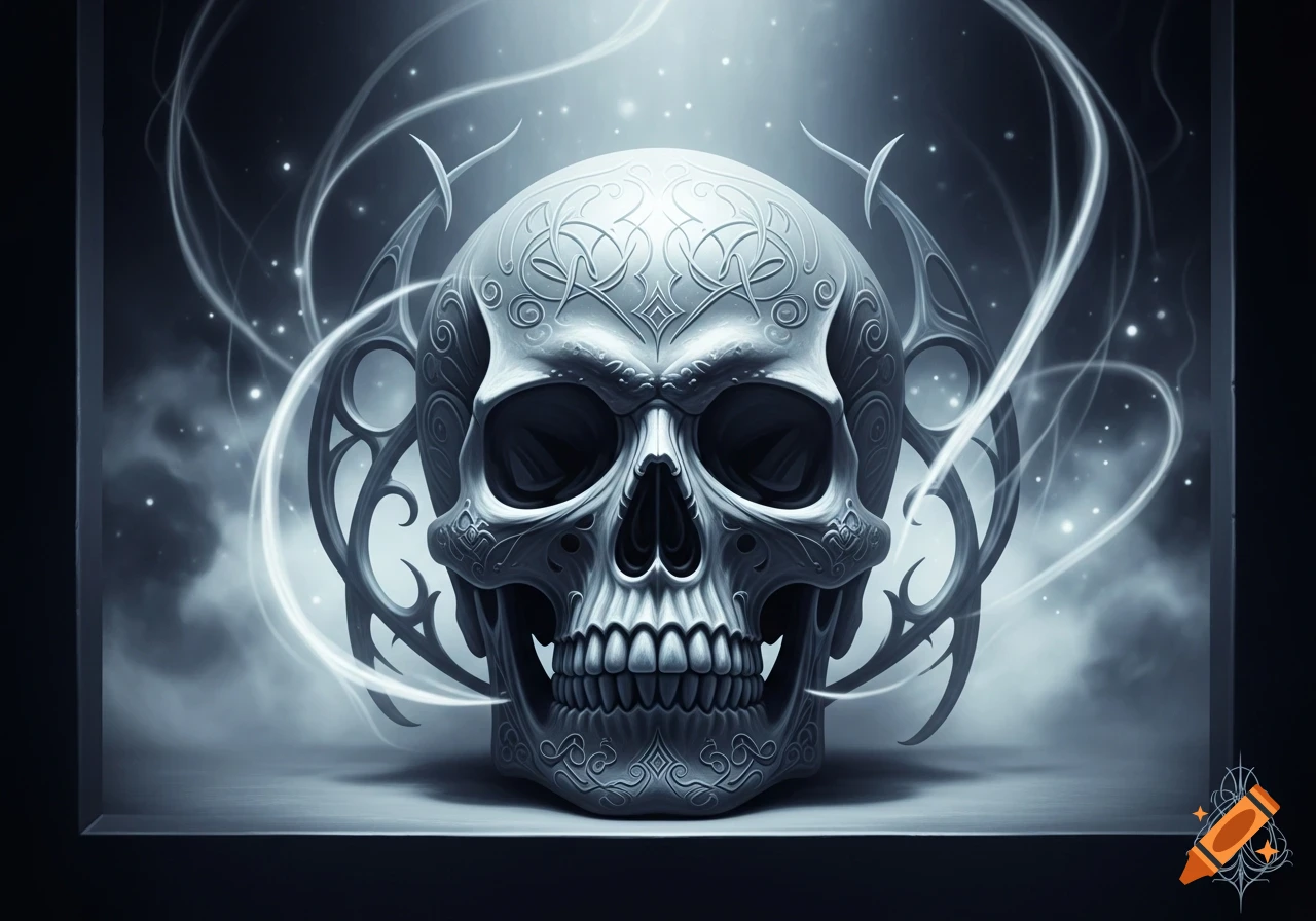 Ornate white skull with tribal patterns and glowing lines on a dark, mystical background.