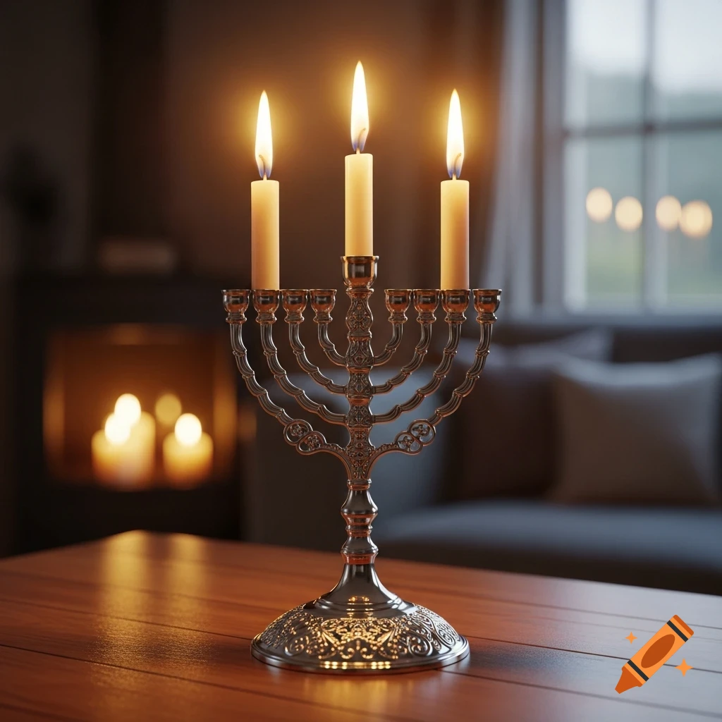 A silver hannukiah with three lit candles sits on a polished wooden table in a dimly lit room with a window in the background.