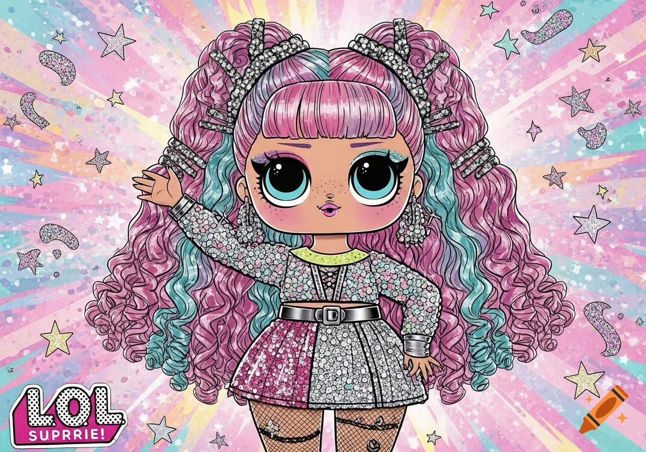 A cartoon LOL Surprise doll with pink and blue curly hair and a glittery outfit waves her hand on a star-filled background.
