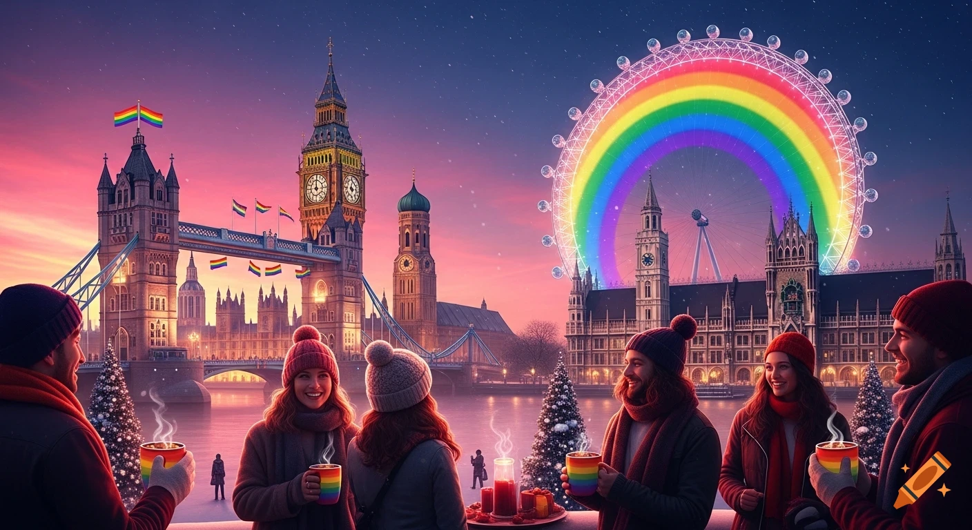 Hyper-realistic festive digital art of people celebrating Queer Christmas with rainbow-themed mugs in a snowy London and Munich cityscape at sunset.