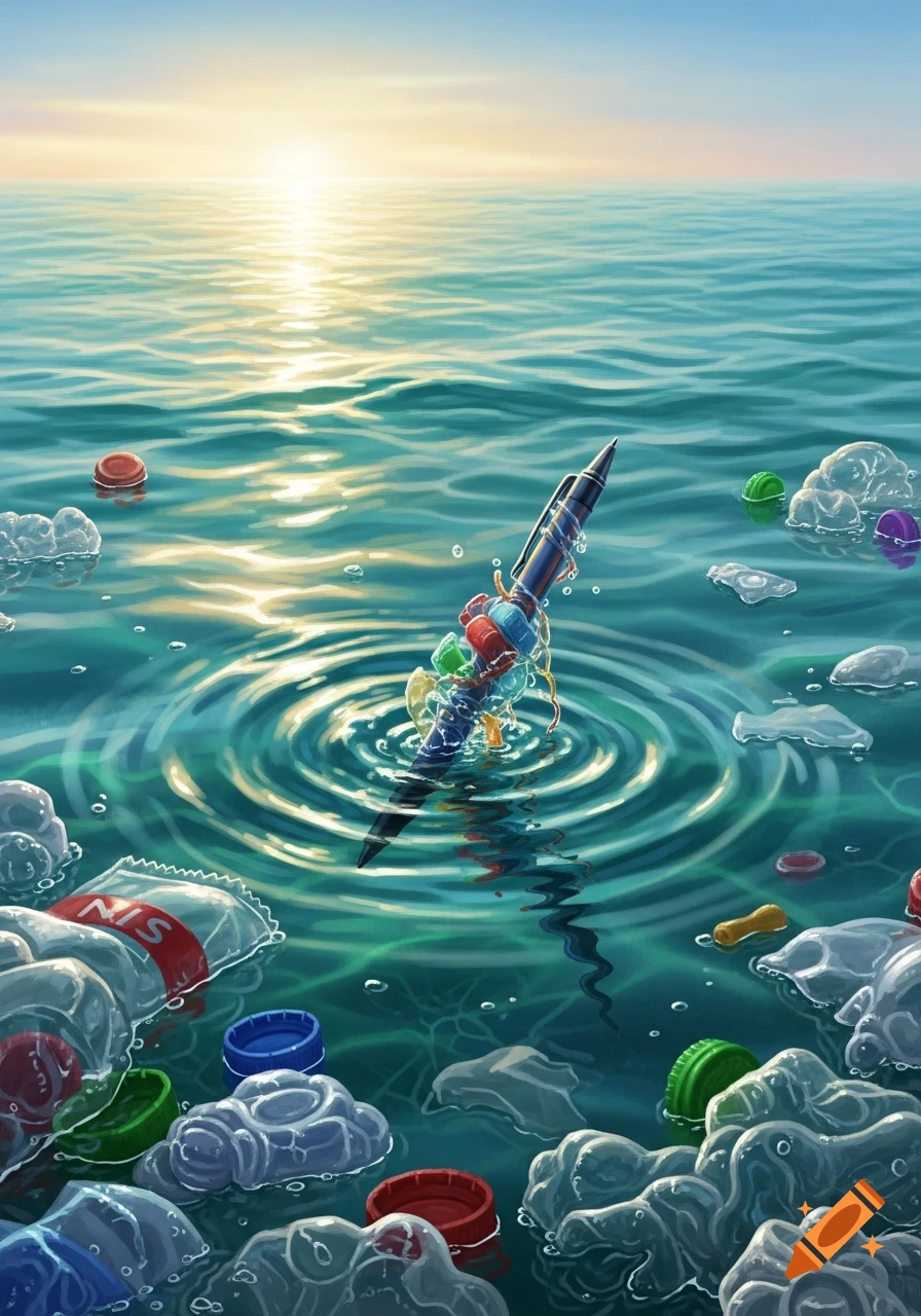 Stylized illustration of a pen surrounded by plastic trash floating in a vibrant blue ocean under a setting sun.