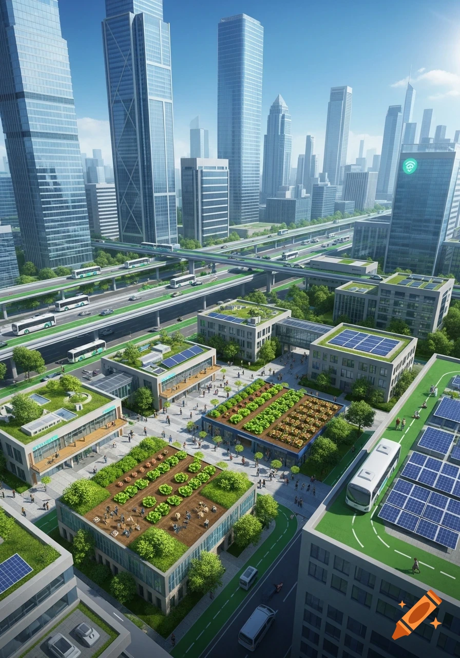Aerial view of a modern city with skyscrapers, green rooftops, solar panels, urban farms, and multi-level highways with buses and cars.