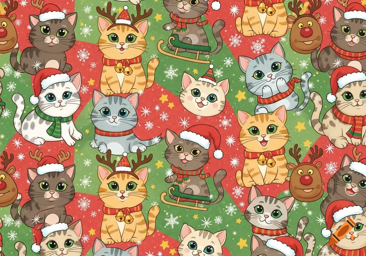 A seamless Christmas pattern features various cute cartoon cats in Santa hats and reindeer antlers, with snowflakes and stars on a red and green background.