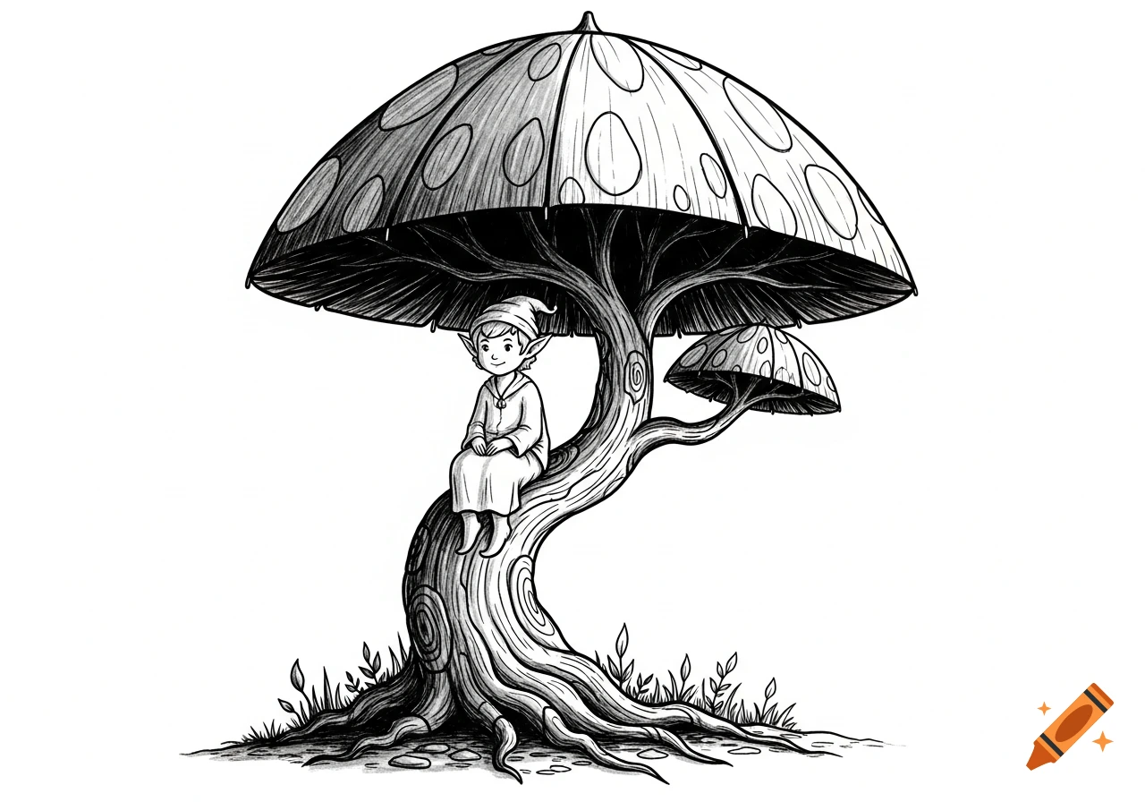 A smiling elf sits on a tree with a large mushroom cap, rendered in a detailed black and white illustration.