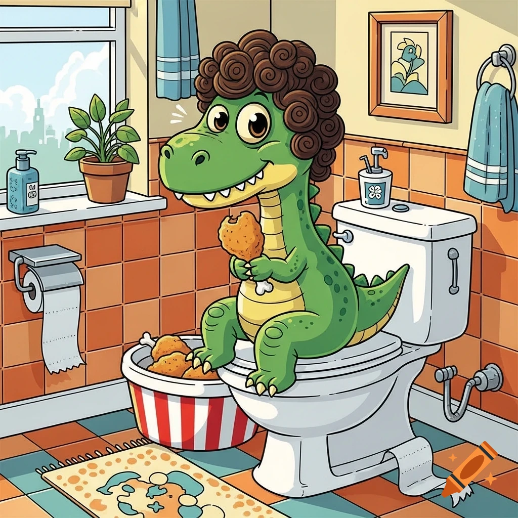 A cartoon green dinosaur with a curly perm sits on a toilet eating fried chicken in a bathroom, with a bucket of chicken beside it.