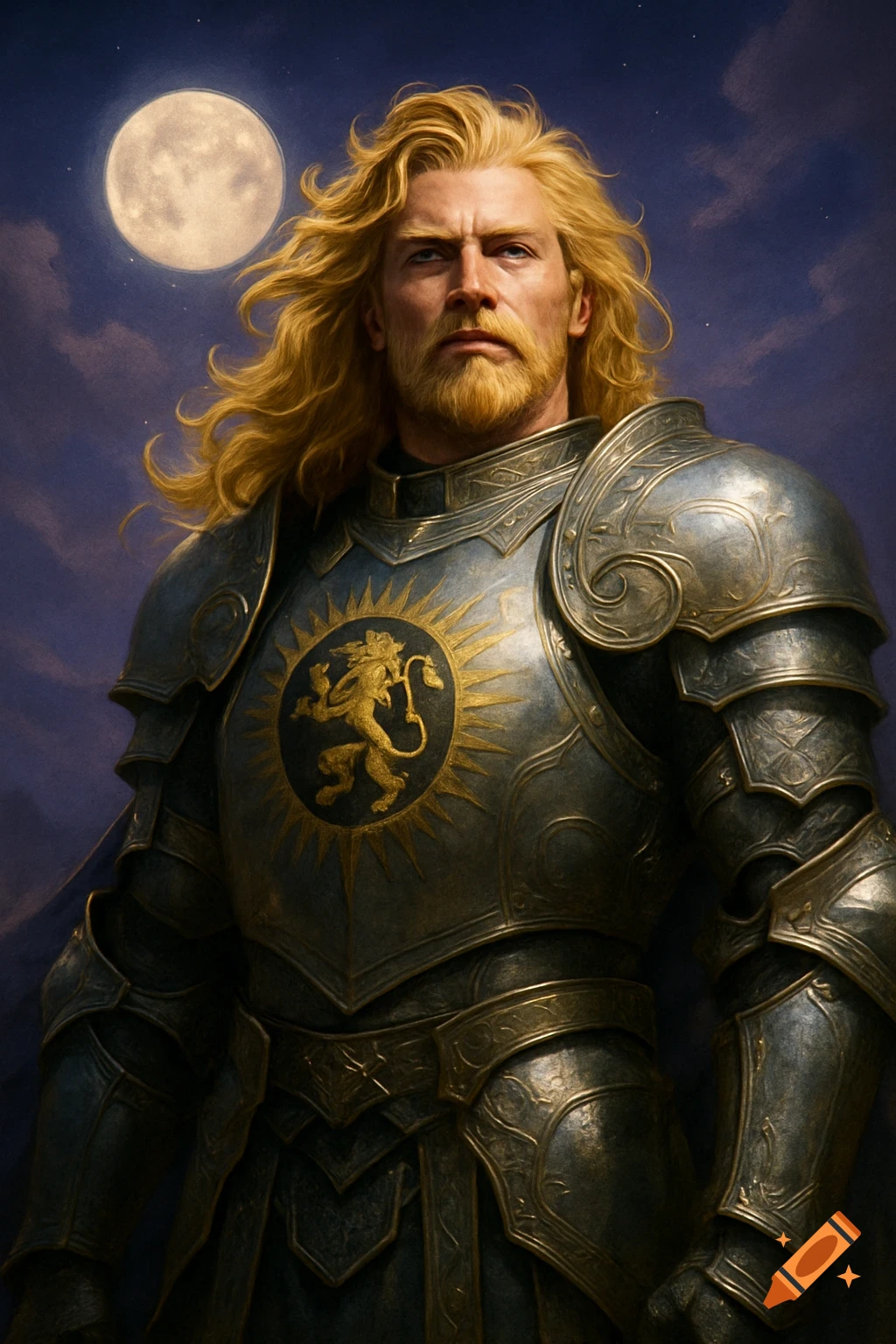 A golden-haired, bearded knight in intricate armor with a lion and sunburst crest, standing under a full moon in a night sky.
