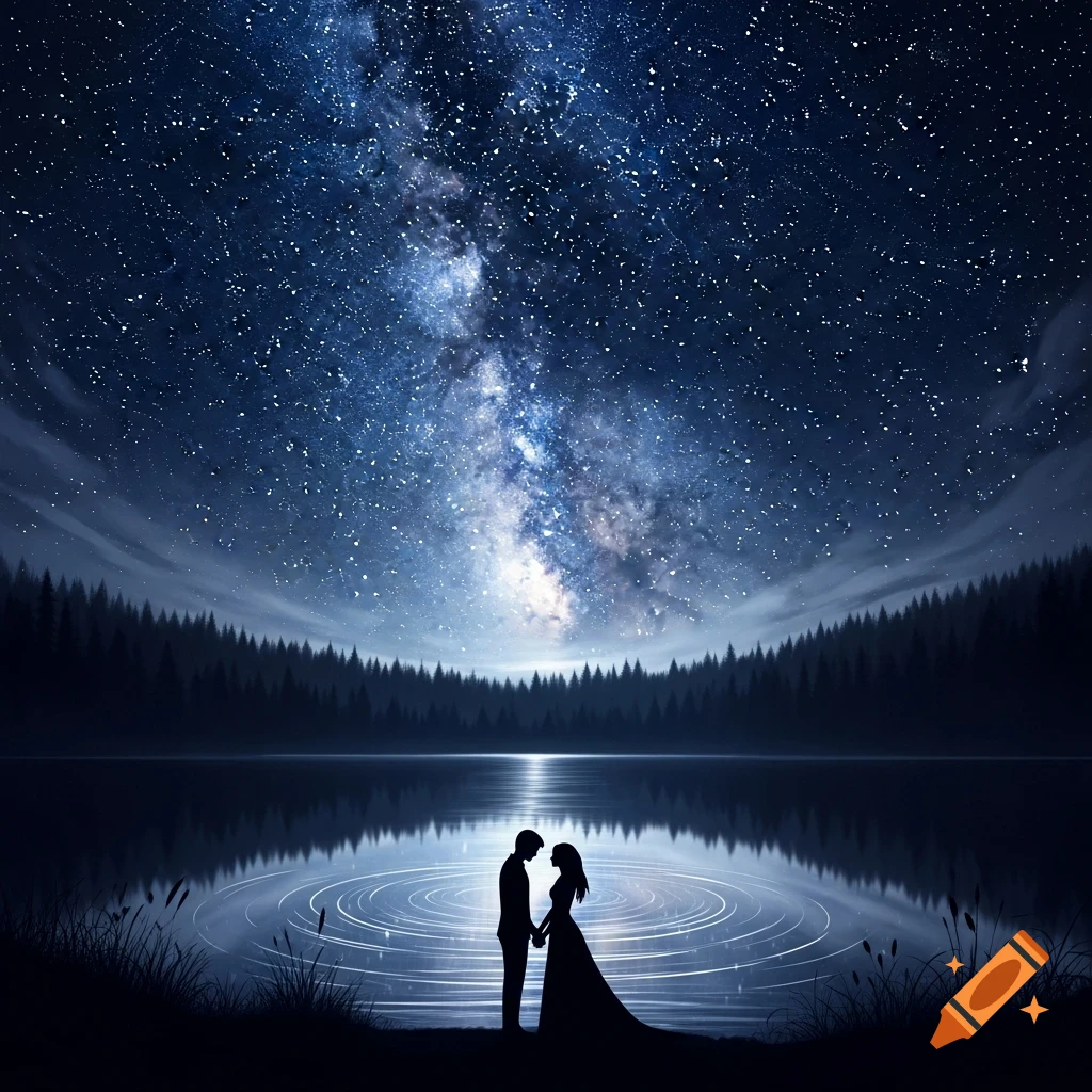 A silhouette illustration of a couple holding hands by a lake under a brilliant starry night sky with the Milky Way and a dark forest.