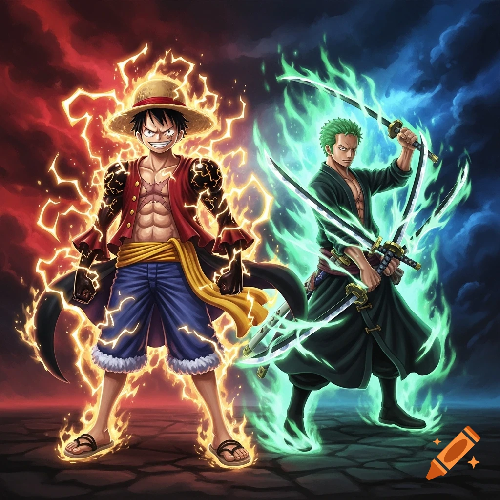 Two anime characters, Luffy in red and blue with a yellow sash, surrounded by yellow lightning, and Zoro in dark green holding three swords, surrounded by green flame-like aura, stand against a red and blue backdrop.