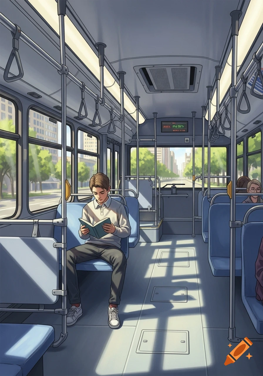 An anime style depiction of a teenager reading a book inside a clean public bus with blue seats.
