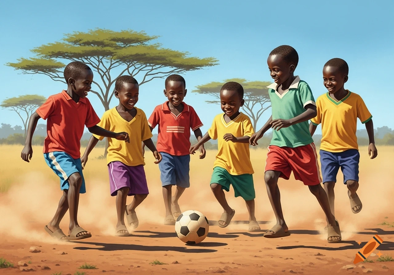 Six smiling African children play soccer on a dusty field under a clear blue sky, with acacia trees in the background.