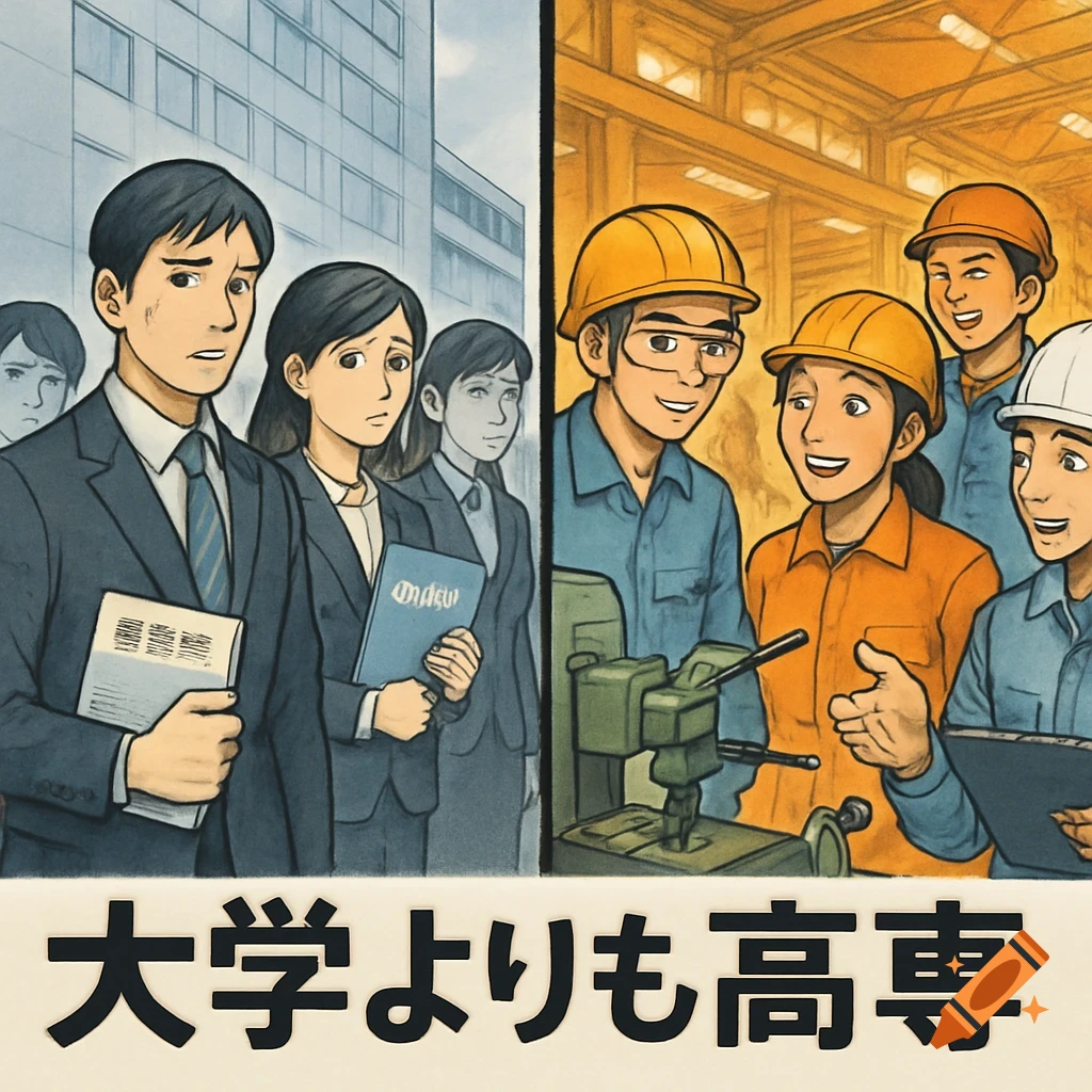Split-screen illustration showing anxious university graduates in suits on the left and smiling technical high school graduates in a factory on the right, with a Japanese slogan below.