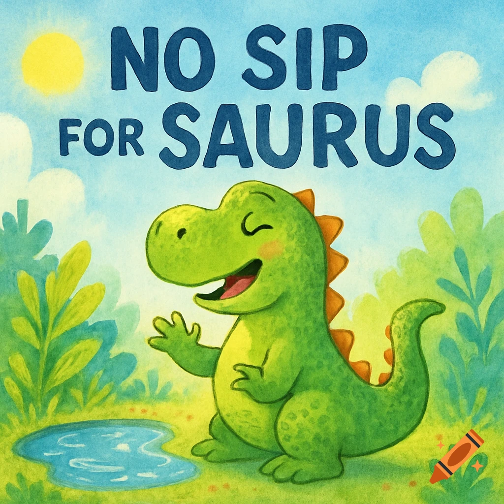 Cheerful watercolor illustration of a friendly green cartoon dinosaur by a small pond with the title 'NO SIP FOR SAURUS'.