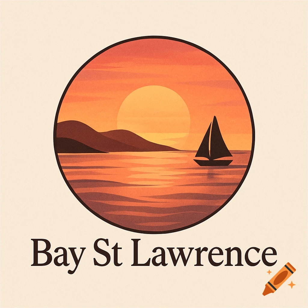 Circular logo with a sailboat on water at sunset with mountains, text 'Bay St Lawrence' below.