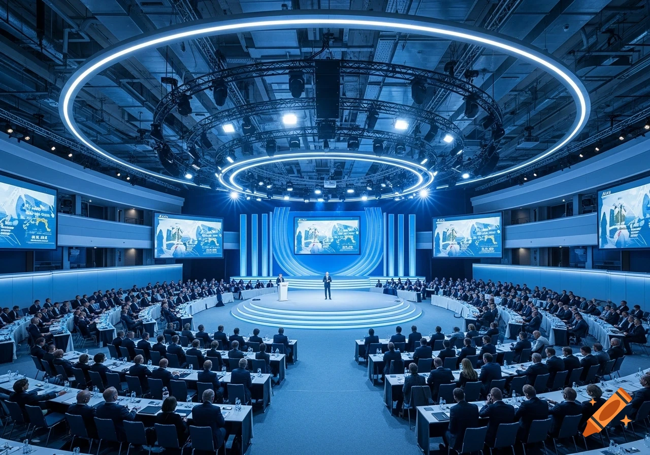 Wide-angle photorealistic shot of a large corporate conference with a speaker on stage and a blue-lit audience.
