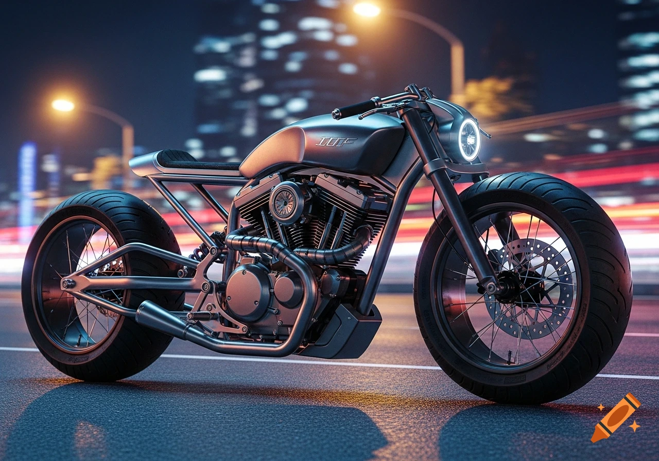 A custom street racer motorcycle with fat tires and a powerful engine parked on a city street at night, with blurred lights in the background.