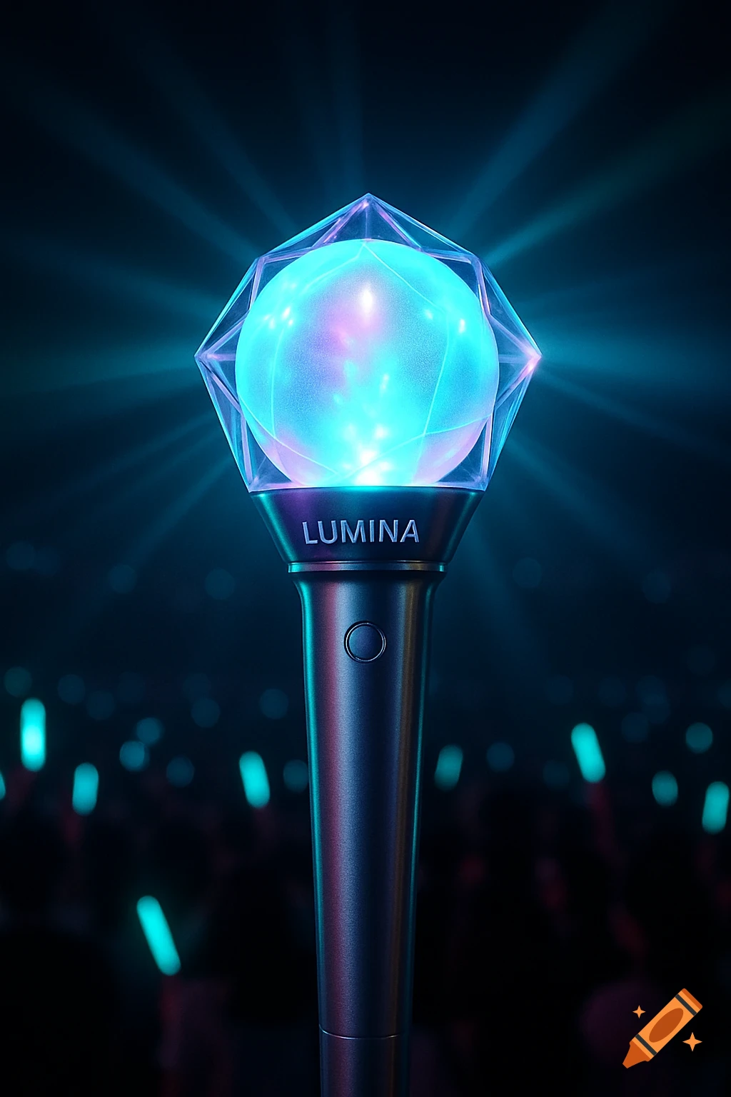 A glowing kpop lightstick with a faceted top and "LUMINA" on the handle, illuminating a concert crowd in blue.
