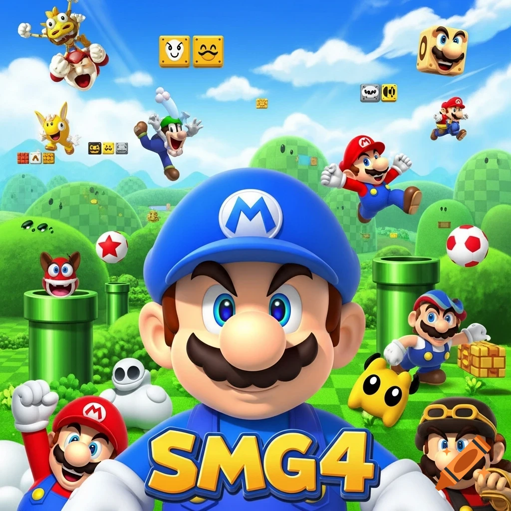 A blue-hatted Mario-like character with "SMG4" on his chest, surrounded by Super Mario characters and elements in a vibrant green landscape.