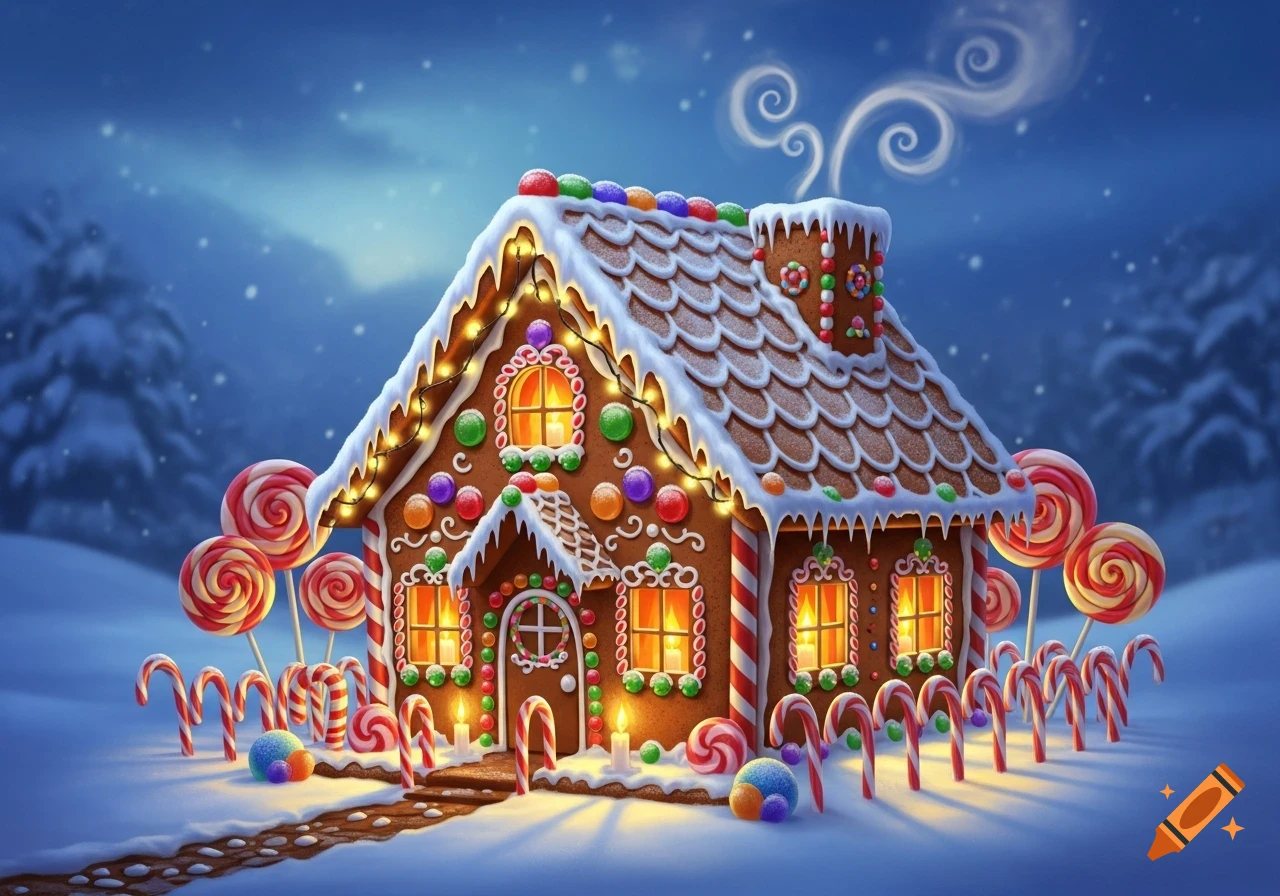 A festive gingerbread house covered in snow and candies, glowing warmly at night in a snowy landscape with lollipops and candy canes.