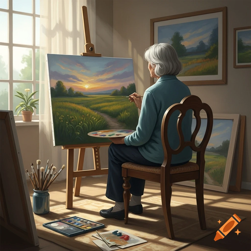 An elderly woman with gray hair paints a vibrant landscape on an easel, seated in a sunlit room filled with art supplies and other paintings.
