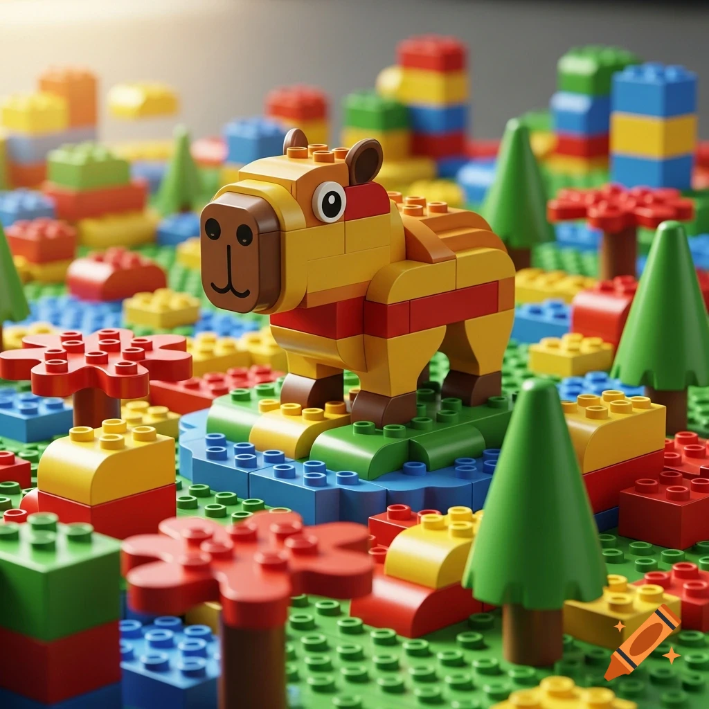 A yellow and red Lego capybara stands on a green Lego baseplate, surrounded by colorful Lego trees and buildings.