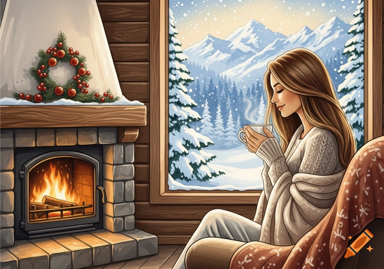 Watercolor illustration of a woman in a cozy cabin by a fireplace, holding tea, looking out at a snowy mountain landscape.