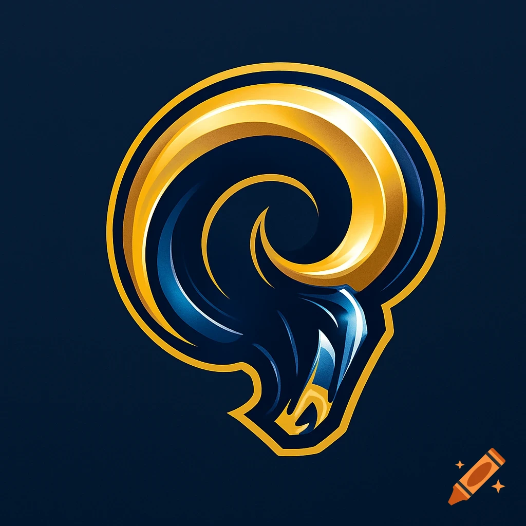 A stylized gold and blue ram's head and curled horn logo against a dark background.