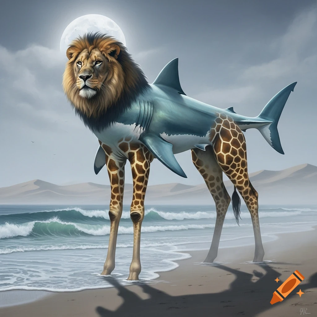 A surreal creature with a lion's head, shark's body, and giraffe legs stands on a sandy beach with waves, under a full moon.