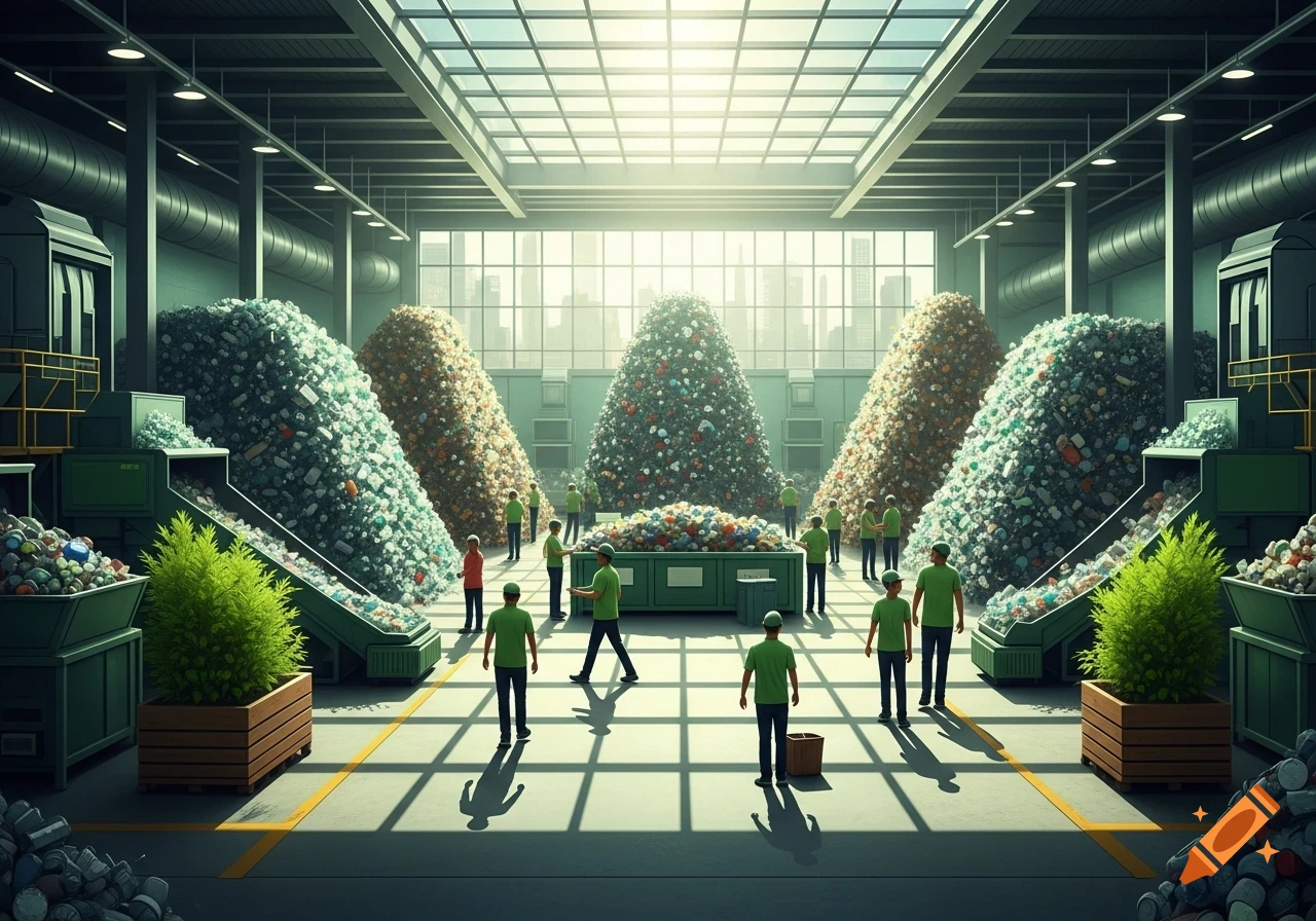 Photorealistic image of a busy recycling plant with workers managing large piles of sorted waste under a skylight.