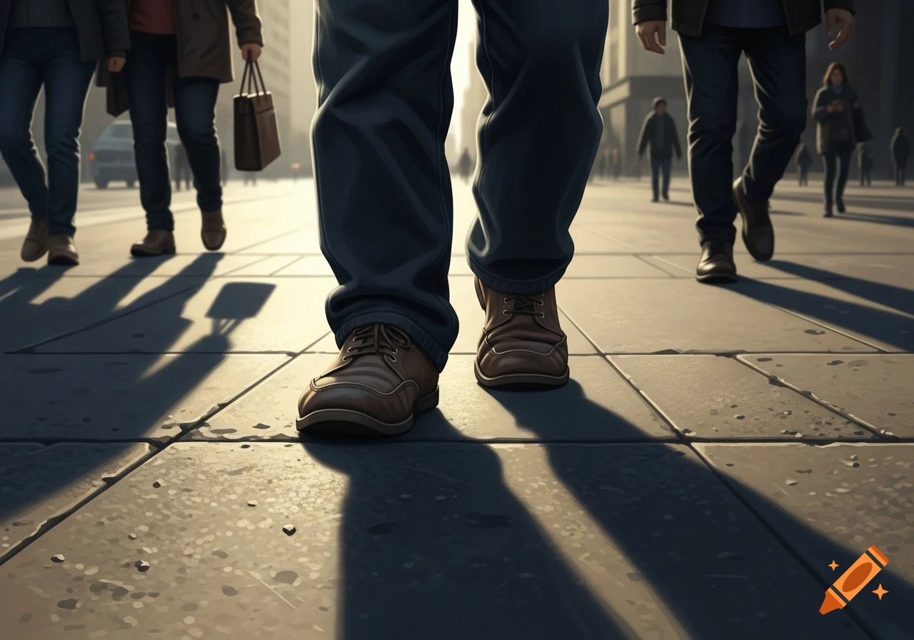 Close-up of feet walking on a city sidewalk at dawn with long shadows, other pedestrians in the blurry background, stylized realism.
