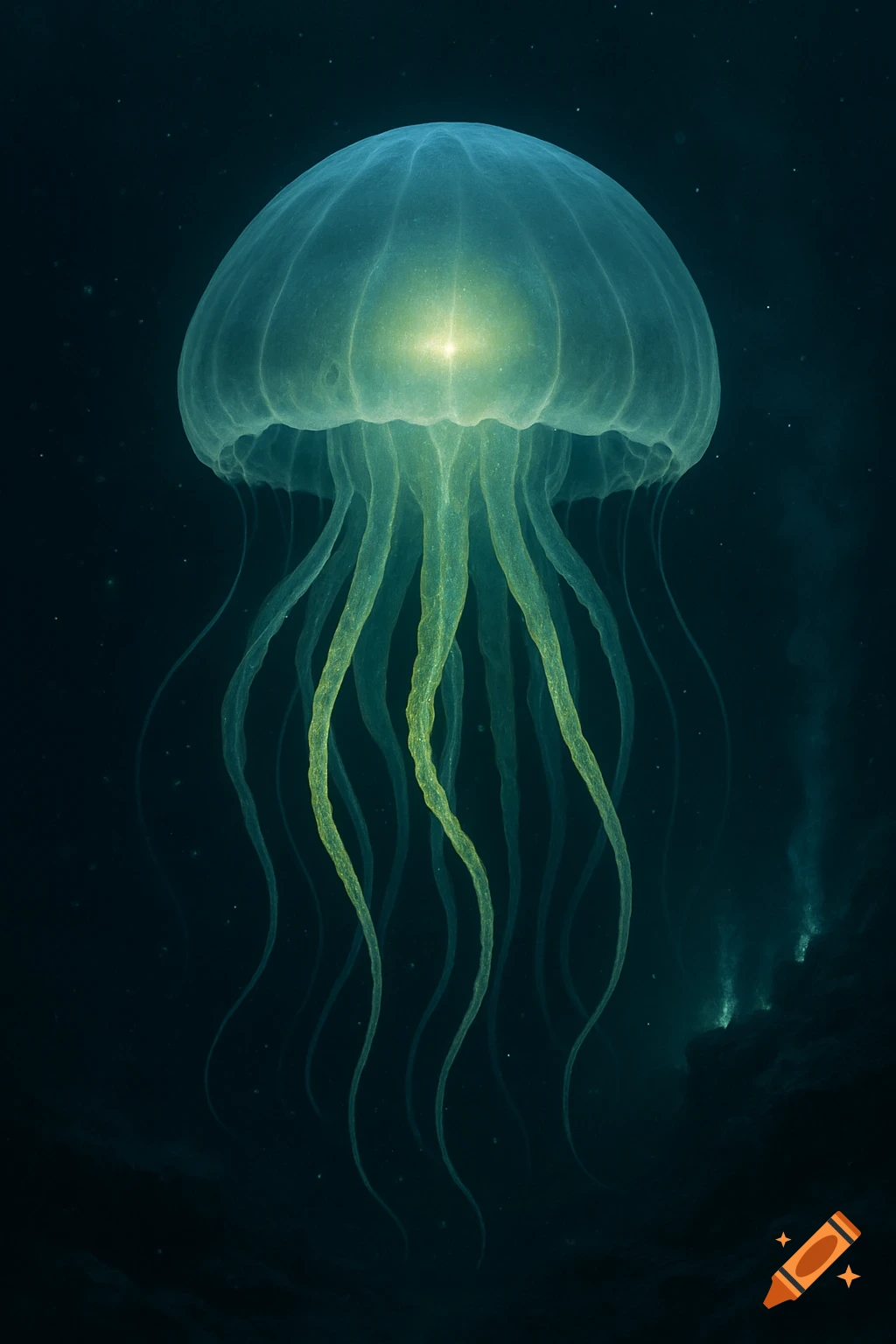 A bioluminescent, translucent blue jellyfish with glowing yellow-green tentacles floats in a dark deep-sea environment.