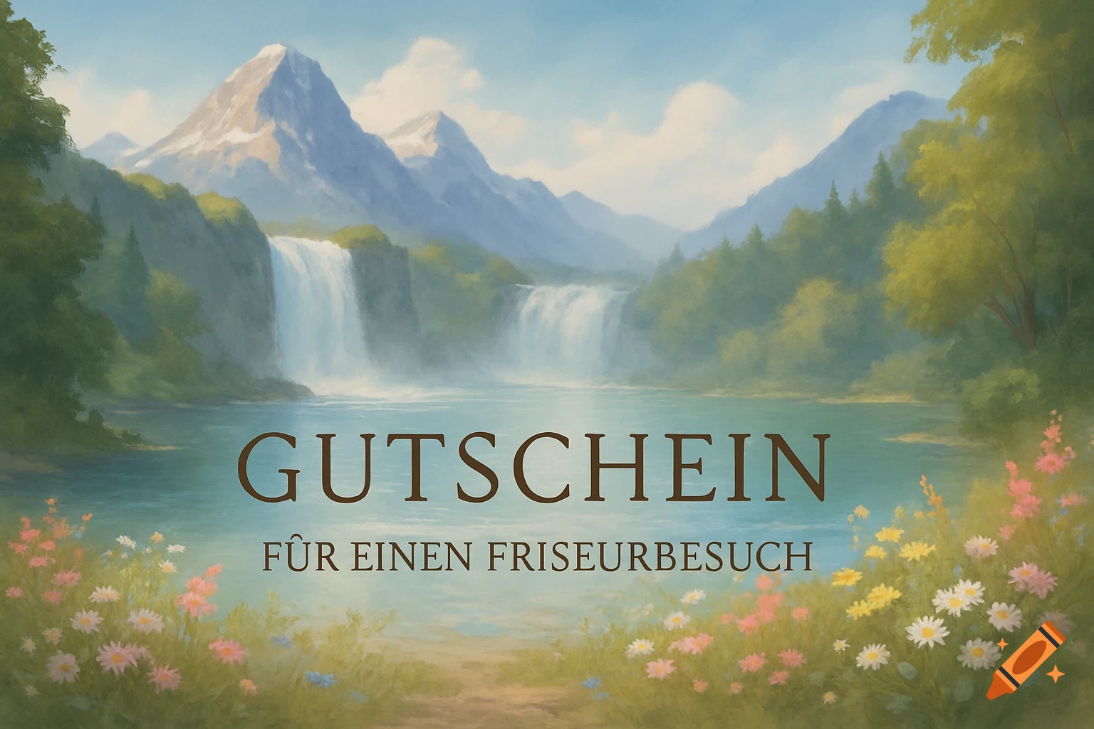 A painted landscape with snow-capped mountains, multiple waterfalls flowing into a serene lake, and colorful wildflowers in the foreground. Text reads 'GUTSCHEIN FÜR EINEN FRISEURBESUCH'.