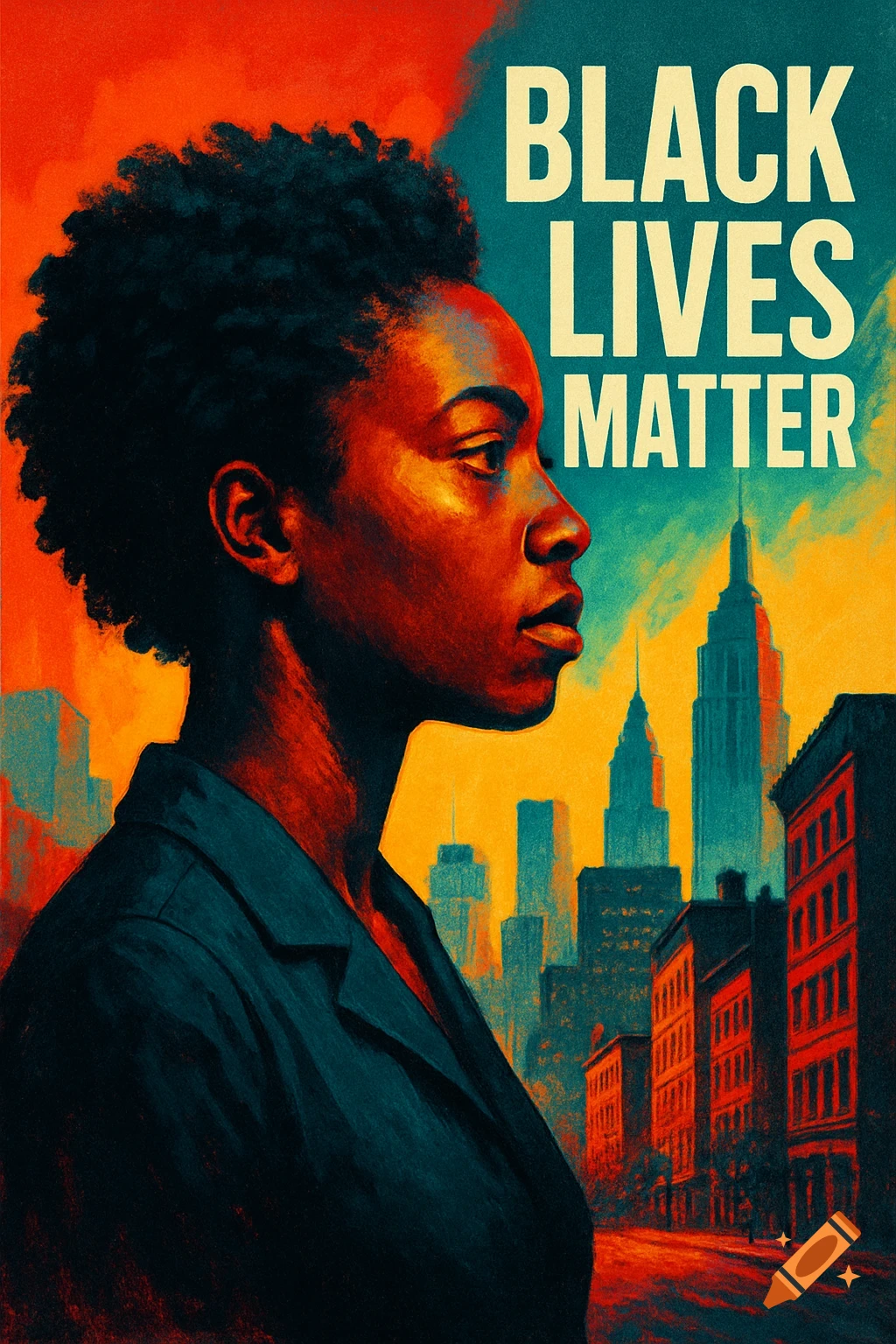 Stylized poster art of a black woman in side profile with a cityscape background and 'BLACK LIVES MATTER' text.