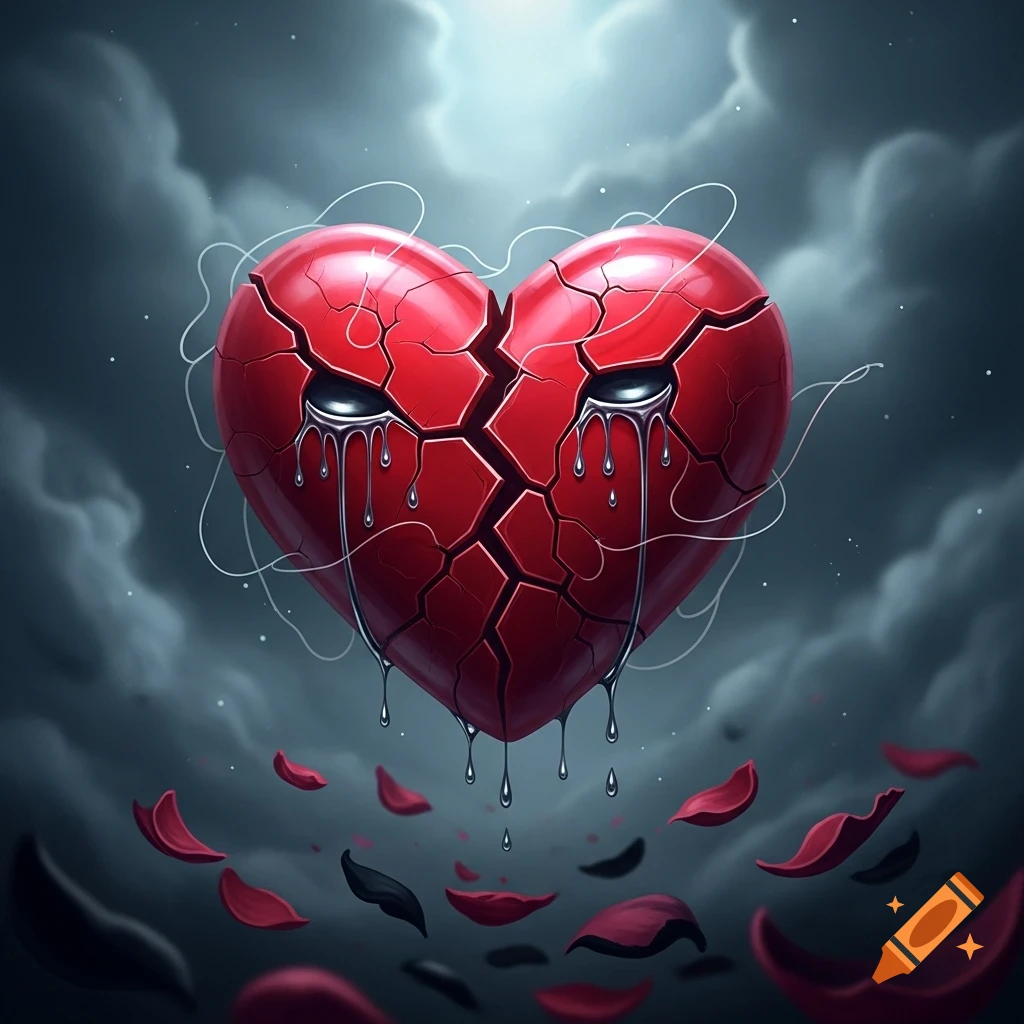A stylized, cracked red heart with glowing eyes crying metallic tears, suspended in a dark, cloudy sky with falling petals.