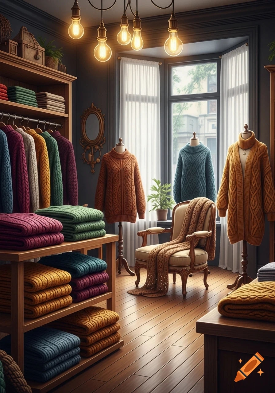 Cozy clothing store interior with colorful chunky knit sweaters displayed on wooden shelves, hangers, and mannequins, with warm lighting.