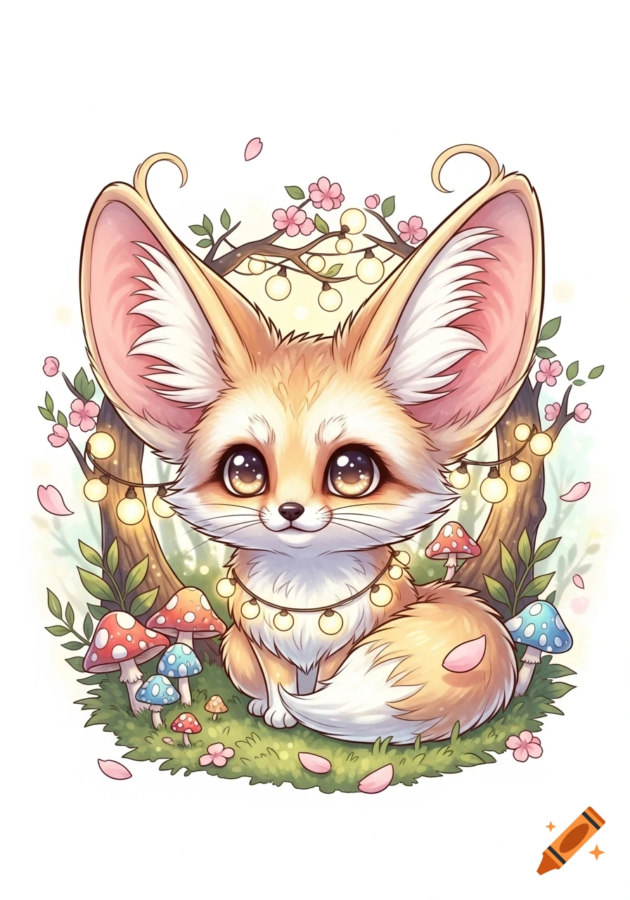 Cute chibi fennec fox with big ears, sitting on grass with colorful mushrooms, string lights, and pink flowers.